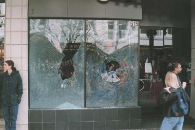 Broken windows in downtown Seattle during the demonstration.